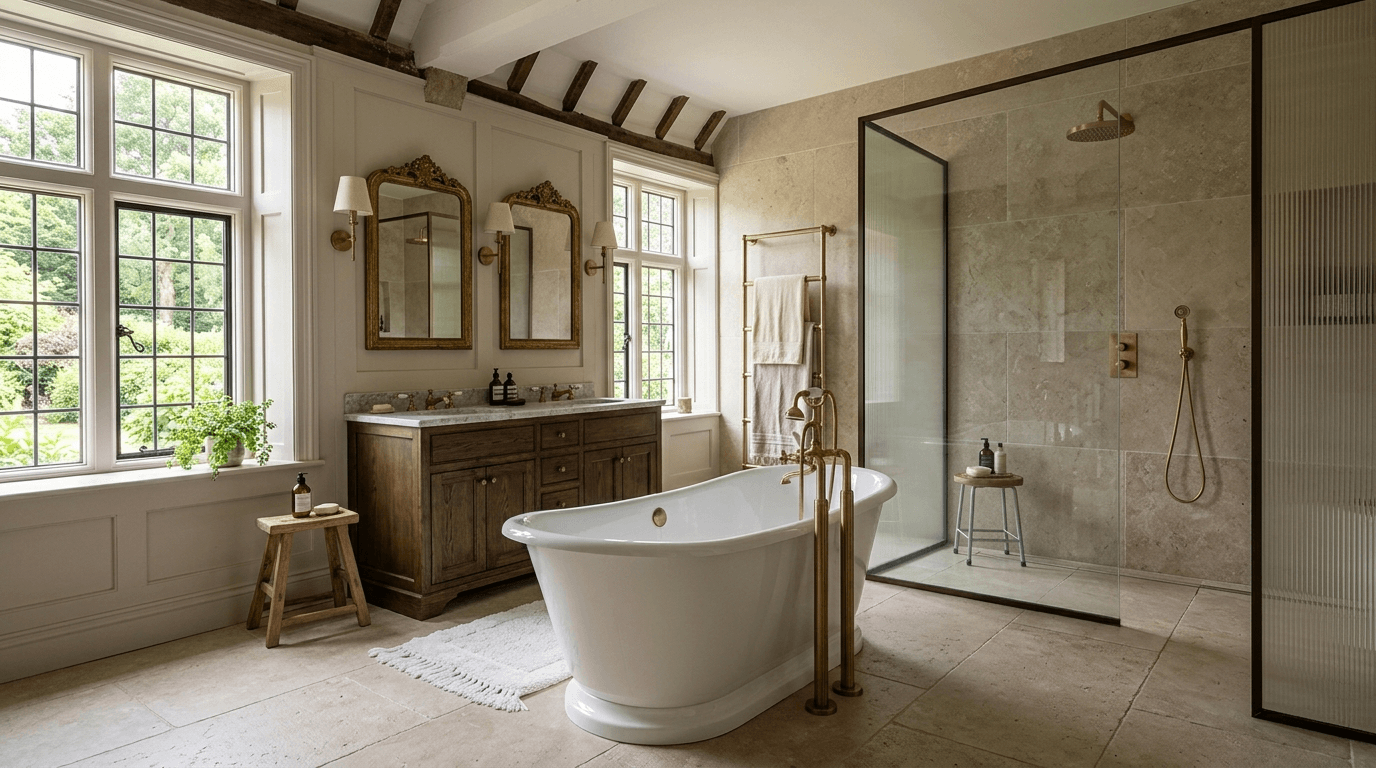 Luxury fitted bathroom by Artisan Company in a Surrey home — freestanding bath, stone tiling and brushed-brass fittings